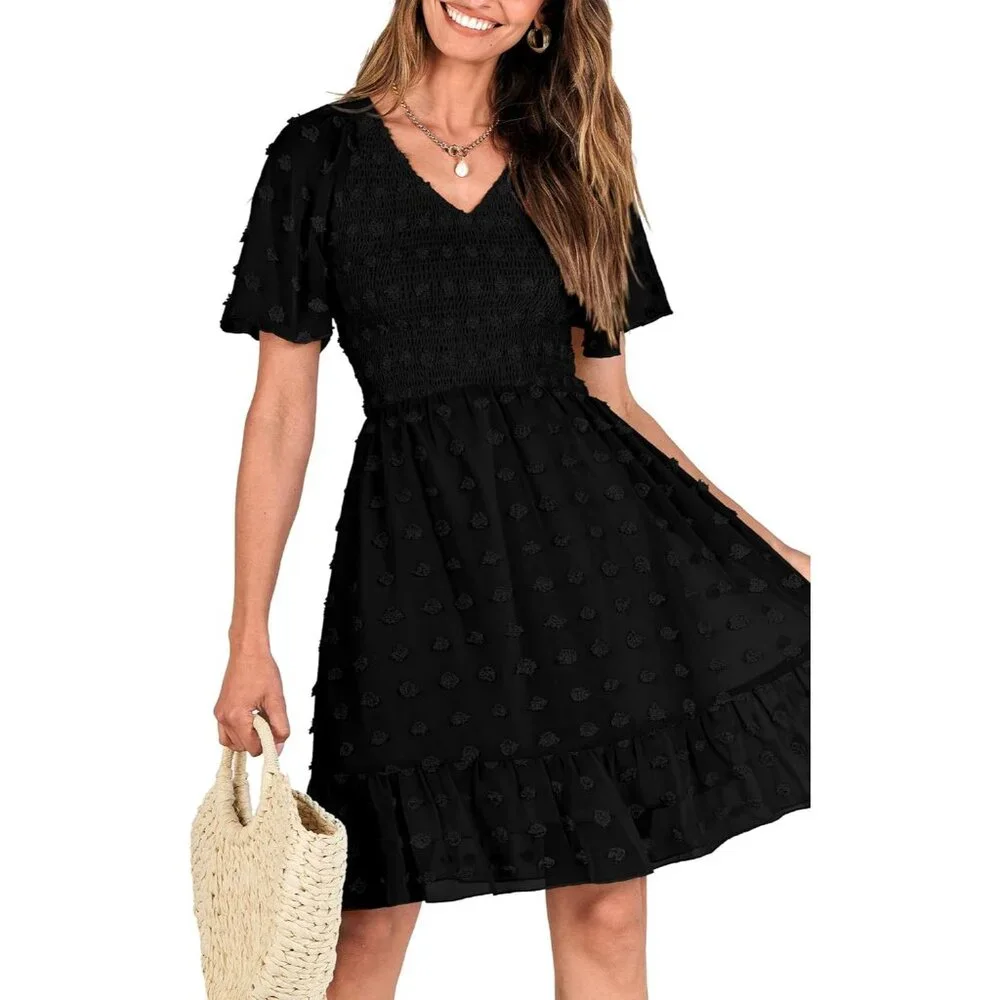Women's Boho Summer Dress Polyester V Neck Flutter Short Sleeve Ruffled - Picture 5 of 8